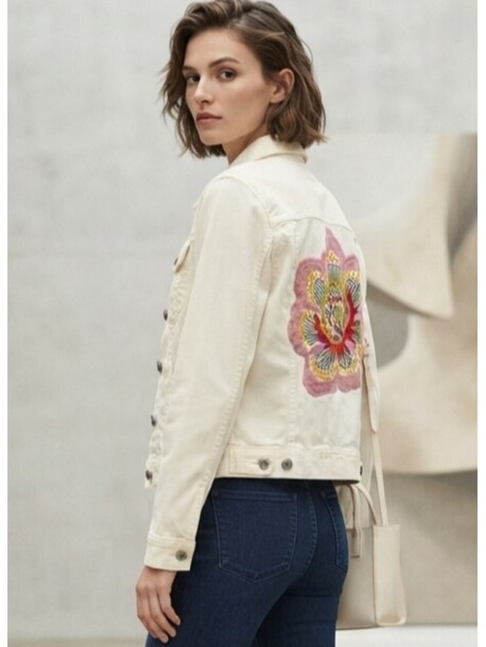 Lucky Brand White Denim Jacket With Floral Embroidery Size Large